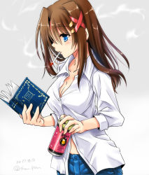 Rule 34 | 1girl, aged up, alternate hair length, alternate hairstyle, beer can, blue eyes, book, breasts, brown hair, can, cigarette, cleavage, closed mouth, dated, denim, dress shirt, drink can, grey background, hair ornament, holding, jeans, long hair, lyrical nanoha, medium breasts, open clothes, open shirt, pants, san-pon, shirt, smoking, solo, standing, twitter username, upper body, white shirt, x hair ornament, yagami hayate