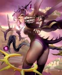 Rule 34 | 10s, armor, artist request, cityscape, cloud, cloudy sky, crystal, cygames, dragon girl, dragon tail, dragonewt scholar, floating island, gauntlets, glasses, hair ornament, hood, hooded jacket, horns, jacket, leotard, looking back, official art, orb, pink hair, red eyes, shadowverse, shingeki no bahamut, shoulder armor, sky, solo, staff, tail, thighhighs