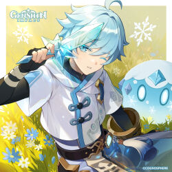 Rule 34 | 1boy, absurdres, ahoge, bandaged arm, bandages, belt, black belt, black gloves, blue eyes, blue flower, blue hair, border, bracelet, chinese clothes, chongyun (genshin impact), colored eyelashes, commentary, company name, copyright name, copyright notice, crystal sword, day, elbow gloves, english commentary, eyelashes, fingerless gloves, flower, genshin impact, gloves, grass, hair between eyes, hair intakes, hand up, highres, holding, holding sword, holding weapon, hood, hood down, hoodie, jewelry, lens flare, light particles, light rays, looking at viewer, male focus, official art, on grass, one eye closed, outdoors, outside border, parted lips, short hair, short sleeves, sidelocks, sitting, slime (genshin impact), snowflakes, solo, sword, tassel, vision (genshin impact), weapon, white border, white flower, white hoodie