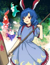 Rule 34 | 1girl, ambiguous red liquid, animal ears, blue dress, blue hair, blush stickers, crescent print, dress, eagle spirit (touhou), earclip, highres, holding, kaigen 1025, kine, long hair, mallet, open mouth, otter spirit (touhou), rabbit ears, red eyes, seiran (touhou), short sleeves, smile, solo, star (symbol), star print, touhou, unfinished dream of all living ghost, wolf spirit (touhou)