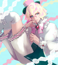Rule 34 | 1boy, artist name, blonde hair, bow, bowtie, brooch, cookie run, frilled sleeves, frills, gem, hat, highres, humanization, jewelry, looking at viewer, multicolored eyes, multicolored hair, nekoyasiki33, pastel meringue cookie, personification, pink bow, pink hair, rainbow eyes, short hair, smile, solo, two-tone hair