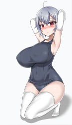 Rule 34 | 1girl, ahoge, armpits, arms behind head, arms up, asanagi (style), blush, breasts, dungeon and fighter, gloves, grey hair, highres, huge breasts, kim wang jang, kneeling, one-piece swimsuit, red eyes, short hair, solo, swimsuit, thighhighs, wide hips