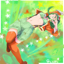 Rule 34 | 1girl, ;), breasts, character name, creamyya, goggles, goggles on head, green eyes, green hair, green nails, gumi, jacket, matching hair/eyes, gumi (v3 megpoid), midriff, nail polish, navel, one eye closed, open clothes, open jacket, orange nails, orange thighhighs, smile, solo, star (symbol), suspenders, thighhighs, underboob, v, vocaloid