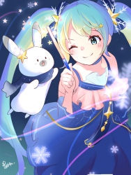 Rule 34 | 1girl, 1other, aoiyui, aqua eyes, aqua hair, blue dress, blue scarf, rabbit, commentary, constellation print, dress, frilled dress, frills, glowing, hair ornament, hairclip, hatsune miku, holding, holding wand, long hair, looking at another, night, one eye closed, rabbit yukine, scarf, signature, smile, snowflake hair ornament, snowflakes, star (symbol), star hair ornament, star night snow (vocaloid), twintails, very long hair, vocaloid, wand, yuki miku, yuki miku (2017)