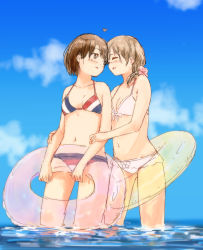Rule 34 | 2girls, bad id, bad pixiv id, bikini, blue sky, blurry, blush, bow, bow bikini, breasts, brown eyes, brown hair, cleavage, closed eyes, cloud, day, depth of field, face-to-face, facing another, flower, front-tie bikini top, front-tie top, gradient background, hair flower, hair ornament, heart, highres, hug, hug from behind, innertube, long hair, looking at another, looking to the side, multicolored bikini, multicolored clothes, multicolored stripes, multiple girls, navel, original, outdoors, parted lips, partially submerged, pink bikini, short hair, sky, small breasts, smile, striped, swim ring, swimsuit, syou (endemic species), wading, water, yuri