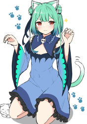 Rule 34 | 1girl, :3, absurdres, animal, animal ear fluff, animal ears, black ribbon, blue dress, blue sleeves, blush stickers, cat, cat ears, cat girl, cat tail, claw pose, closed mouth, covered navel, detached sleeves, dress, earrings, frilled dress, frills, full body, green hair, hair ornament, hair ribbon, hands up, heart, highres, hololive, jewelry, kemonomimi mode, long hair, long sleeves, looking at viewer, moyoron, red eyes, ribbon, seiza, shadow, sidelocks, sitting, skull earrings, skull hair ornament, sleeveless, sleeveless dress, smile, solo, tail, uruha rushia, uruha rushia (1st costume), v-shaped eyebrows, virtual youtuber, white background, wide sleeves
