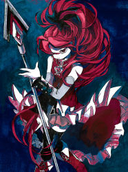 Rule 34 | 1girl, black bow, black thighhighs, boots, bow, calligraphy brush (medium), detached sleeves, feet out of frame, frills, hair bow, highres, holding, holding polearm, holding spear, holding weapon, long hair, magical girl, mahou shoujo madoka magica, mahou shoujo madoka magica (anime), polearm, ponytail, red eyes, red footwear, red hair, sakura kyoko, sleeveless, solo, spear, thighhighs, very long hair, weapon, yamakita higashi