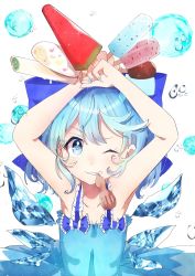Rule 34 | 1girl, ;), alternate costume, ametama (runarunaruta5656), armpit crease, arms up, bare shoulders, between fingers, blue bow, blue dress, blue eyes, blue hair, blush, bow, cirno, clenched teeth, collarbone, commentary request, crystal, dress, dress bow, dripping, eyelashes, fingernails, food, food in mouth, frilled bow, frills, grin, hair bow, highres, holding, ice, ice wings, looking at viewer, mouth hold, nail art, one eye closed, popsicle, popsicle stick, short hair, simple background, smile, solo, spaghetti strap, sparkle, standing, star-shaped pupils, star (symbol), symbol-shaped pupils, teeth, touhou, upper body, water drop, white background, wings