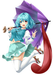 1girl blue_eyes blue_hair blue_vest blush breasts commentary_request commission geta hair_between_eyes happy heterochromia highres holding holding_umbrella impossible_clothes impossible_shirt juliet_sleeves kamiya_tomoe karakasa_obake large_breasts long_sleeves midriff navel open_mouth pixiv_commission puffy_sleeves purple_umbrella red_eyes shirt short_hair simple_background skirt smile solo tatara_kogasa teeth thick_thighs thighhighs thighs tight_clothes tongue touhou umbrella upper_teeth_only vest white_background white_thighhighs