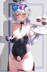 Rule 34 | 1girl, absurdres, alcohol, areola slip, bandaid, bandaid on pussy, bandaids on nipples, black leotard, blush, breasts, clothes lift, cup, detached collar, drinking glass, goggles, grey eyes, grey hair, highres, holding, holding tray, honkai: star rail, honkai (series), leotard, looking at viewer, medium breasts, necktie, pasties, playboy bunny, ponytail, pussy cutout, rikihana momo, silver wolf (honkai: star rail), small breasts, solo, thigh strap, tray, wine, wine glass