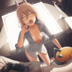 Rule 34 | 1girl, absurdres, alternate breast size, bed, blonde hair, breasts, chainsaw, chainsaw man, controller, cross-shaped pupils, downblouse, fang, film grain, game controller, hair between eyes, highres, horns, kneeling, leaning forward, lem, light, light rays, long hair, looking at viewer, open mouth, partially unbuttoned, pochita (chainsaw man), power (chainsaw man), red horns, revealing clothes, sharp teeth, shirt, sleeves rolled up, small breasts, solo, stuffed toy, sunbeam, sunlight, sweat, symbol-shaped pupils, teeth, white shirt, yellow eyes
