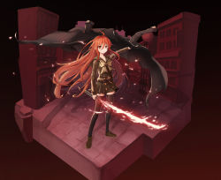 Rule 34 | 1girl, ahoge, black background, black thighhighs, bow, bowtie, brown footwear, brown sailor collar, brown shirt, brown skirt, collarbone, collared shirt, faux figurine, flaming sword, flaming weapon, floating hair, full body, gradient background, grey bow, grey bowtie, hair between eyes, highres, holding, holding sword, holding weapon, loafers, long hair, long sleeves, mannen youmu, miniskirt, outstretched arm, parted lips, red background, red eyes, red hair, sailor collar, sailor shirt, school uniform, shakugan no shana, shana, shirt, shoes, skirt, solo, sword, thighhighs, very long hair, weapon, zettai ryouiki