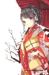 Rule 34 | 1girl, absurdres, black hair, blush, headphones, highres, japanese clothes, kimono, looking at viewer, original, purple eyes, shirohina, solo