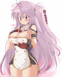 Rule 34 | 1girl, absurdres, azur lane, blush, breast conscious, breasts, cleavage, collarbone, commentary request, gloves, grenville (azur lane), hair between eyes, hair ornament, highres, large breasts, long hair, multicolored hair, one side up, purple hair, red eyes, solo, thighhighs, tonchinkan, translated