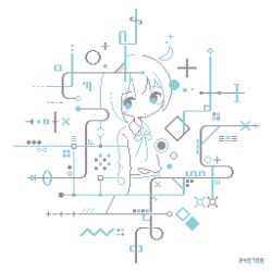 1girl abstract aqua_eyes bow bowtie circle closed_mouth colo_(frypan_soul) crescent dated geometry highres light_blush limited_palette long_hair long_sleeves looking_to_the_side original pixel_art shirt simple_background solo square standing upper_body white_background