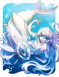 Rule 34 | 1girl, :3, air bubble, artist name, blue background, blue eyes, blue hair, blue skin, breasts, bubble, blowing bubbles, colored eyelashes, colored skin, completely nude, fins, floating hair, full body, hands up, highres, hogara, long hair, looking at viewer, mermaid, monster girl, nude, open mouth, original, small breasts, solo, swimming, underwater, very long hair, webbed hands, whale girl
