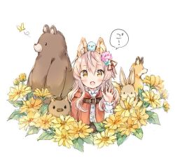 Rule 34 | 1girl, :d, animal, animal ear fluff, animal ears, animal on head, bear, bird, bird on head, blue flower, bluebird, blush, boar, brown eyes, bug, butterfly, capelet, commentary request, fang, flower, fox, hair between eyes, hair flower, hair ornament, hair ribbon, hand up, hood, hood down, hooded capelet, insect, long hair, long sleeves, looking at viewer, on head, open mouth, original, pink flower, pink hair, rabbit, red capelet, red ribbon, ribbon, shirt, smile, solo, translation request, wataame27, white background, white shirt, wolf-chan (wataame27), wolf ears, yellow flower