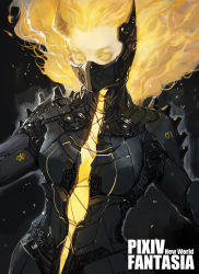Rule 34 | 1girl, armor, blonde hair, energy, english text, et.m, floating, floating hair, glowing, glowing eyes, glowing hair, horns, mask, mechanical, mechanical parts, medium hair, pauldrons, pixiv fantasia, pixiv fantasia 1, pixiv fantasia new world, shoulder armor, solo, upper body, yellow eyes, yellow horns