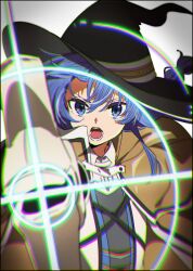 Rule 34 | 1girl, black hat, blue eyes, blue hair, braid, brown cape, cape, casting spell, collared shirt, commentary, hair between eyes, hat, highres, hirayama kanna, long hair, long sleeves, looking at viewer, mushoku tensei, open mouth, roxy migurdia, shirt, simple background, solo, teeth, tongue, upper body, white background, white shirt, witch, witch hat