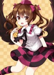 Rule 34 | 1girl, black necktie, black skirt, black socks, black wings, bow, brown eyes, brown feathers, brown hair, brown wings, buttons, cellphone, checkered background, checkered clothes, checkered skirt, collared shirt, cowboy shot, feathered wings, feathers, hair bow, hat, highres, himekaidou hatate, holding, holding phone, leg up, looking at viewer, medium hair, necktie, open mouth, orange background, phone, puffy short sleeves, puffy sleeves, purple bow, purple hat, purple skirt, ruu (tksymkw), shirt, short sleeves, skirt, smile, socks, solo, standing, tokin hat, touhou, two side up, white shirt, wings
