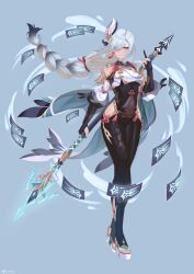Rule 34 | 1girl, absurdres, blue background, blue eyes, blue hair, bodystocking, calamity queller (genshin impact), commentary request, covered navel, floating hair, franniexo, full body, genshin impact, hair ornament, hair over one eye, highres, hip vent, holding, holding polearm, holding weapon, long braid, long hair, long sleeves, looking at viewer, ofuda, polearm, shenhe (genshin impact), shirt, simple background, solo, spear, standing, thighs, very long hair, weapon, white shirt