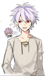 Rule 34 | 2boys, chibi, commentary request, grey shirt, hair between eyes, kilimojji, korean commentary, korean text, long sleeves, male focus, multicolored hair, multiple boys, nijou ryuu, open mouth, purple hair, red eyes, saibou shinkyoku, shirt, short hair, simple background, smile, sweat, theodore riddle, translation request, two-tone hair, upper body, white background