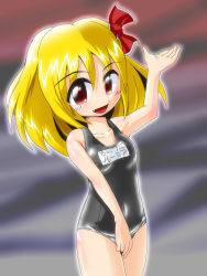 Rule 34 | 1girl, blonde hair, blush, fang, female focus, highres, one-piece swimsuit, red eyes, ribbon, rumia, school swimsuit, solo, swimsuit, touhou, winn