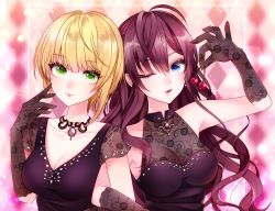 Rule 34 | 2girls, ahoge, black dress, blonde hair, blue eyes, breasts, brown hair, cherry, cleavage, commentary, dress, eyelashes, fishnet gloves, fishnets, food, fruit, gloves, green eyes, ichinose shiki, idolmaster, idolmaster cinderella girls, idolmaster cinderella girls starlight stage, jewelry, large breasts, light smile, locked arms, long hair, looking at viewer, miyamoto frederica, multiple girls, necklace, one eye closed, pendant, sasakichi (ssk chi), see-through, see-through cleavage, short hair, sleeveless, sleeveless dress, stenciled rose, wavy hair