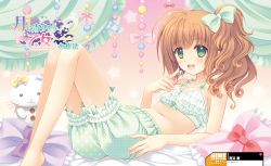 Rule 34 | 1girl, :d, absurdres, bed, bloomers, blush, bow, bra, breasts, brown hair, cleavage, curtains, frilled bra, frills, ginjou haruko, green bra, green eyes, hair bow, highres, knees up, long hair, lying, nishimata aoi, on back, open mouth, side ponytail, smile, so, stuffed animal, stuffed cat, stuffed toy, tsuki ni yorisou otome no sahou 2, underwear
