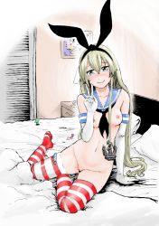 Rule 34 | 10s, 1girl, aftersex, anchor, anchor hair ornament, bad id, bad pixiv id, blue eyes, blush, breasts, cleft of venus, condom, cum, cum in pussy, detached collar, elbow gloves, gezuntaito, gloves, hair ornament, hairband, kantai collection, looking at viewer, lying, navel, nipples, on back, pillow, pointless condom, pussy, red thighhighs, sailor collar, shimakaze (kancolle), silver hair, sitting, small breasts, smile, solo, striped clothes, striped thighhighs, tears, thighhighs, uncensored, used condom, v, white gloves, yokozuwari