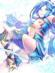 Rule 34 | 1girl, :d, blue eyes, blue hair, blue shorts, braid, breasts, dana (ys), floating hair, long hair, micro shorts, open mouth, parted bangs, shorts, small breasts, smile, solo, soyogi, twin braids, twintails, underboob, very long hair, white background, ys, ys viii lacrimosa of dana