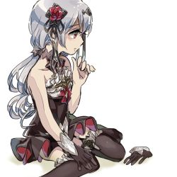 Rule 34 | bare shoulders, black gloves, black legwear, chinese text, closed mouth, flower, gloves, unworn gloves, hair between eyes, hair flower, hair ornament, honkai (series), honkai impact 3rd, kanai23831347, long hair, looking to the side, no shoes, red eyes, rose, simple background, simplified chinese text, sitting, skirt, solo, theresa apocalypse, theresa apocalypse (luna kindred), twintails, white background, white hair