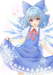 Rule 34 | 1girl, blouse, blue dress, blue eyes, blue hair, blush, bow, cirno, dress, dress shirt, gradient background, hair bow, highres, ice, ice wings, maru-pen, matching hair/eyes, open mouth, puffy short sleeves, puffy sleeves, ribbon, shirt, short hair, short sleeves, smile, solo, touhou, white shirt, wings
