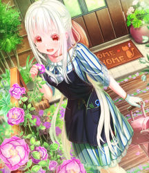 Rule 34 | 1girl, :d, aiuabo, albino, apron, black apron, braid, commentary request, day, door, dress, flower, frilled shirt collar, frills, gardening, gloves, hat on back, highres, lace, lace-trimmed dress, lace-trimmed sleeves, lace trim, long hair, nail polish, neckerchief, open mouth, original, outdoors, plant, potted plant, red eyes, red nails, rose, scissors, short sleeves, single glove, smile, solo, striped clothes, striped dress, vertical-striped clothes, vertical-striped dress, very long hair, watering can, welcome mat, white gloves, white hair, white neckerchief
