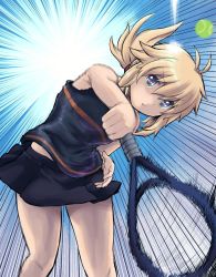 Rule 34 | 1girl, antenna hair, ball, bare arms, bare shoulders, black shirt, black skirt, blonde hair, blue eyes, commentary request, emphasis lines, feet out of frame, hair between eyes, highres, holding, koshirae tsurugi (m.m), long hair, low ponytail, m.m, motion blur, original, parted lips, pleated skirt, ponytail, racket, shirt, skirt, sleeveless, sleeveless shirt, solo, sportswear, standing, tennis ball, tennis racket, tennis uniform, v-shaped eyebrows