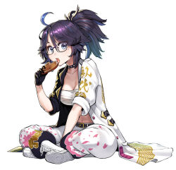 Rule 34 | 1girl, agustinus, ahoge, bandages, bandeau, belt, black-framed eyewear, black belt, black choker, black gloves, black jacket, blue eyes, boots, breasts, chest sarashi, choker, cleavage, commentary, glasses, gloves, highres, holding, indian style, indie virtual youtuber, jacket, kson, large breasts, long hair, looking at viewer, midriff, mole, mole under eye, multicolored clothes, multicolored jacket, navel, open clothes, open jacket, open mouth, pants, ponytail, purple hair, sarashi, short sleeves, simple background, sitting, solo, stomach, strapless, tube top, two-tone jacket, virtual youtuber, white background, white footwear, white jacket, white pants