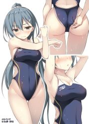 Rule 34 | 10s, 1girl, 2015, adjusting clothes, adjusting swimsuit, armpits, arms up, ass, breasts, cameltoe, character name, cleavage, competition swimsuit, dated, green eyes, green hair, hair ornament, hairclip, head out of frame, highleg, highleg swimsuit, kantai collection, leaning forward, long hair, multiple views, one-piece swimsuit, ponytail, standing, stretching, suzuya (kancolle), swimsuit, xe (execut3r)