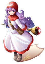 Rule 34 | 1girl, 2020, blush, boots, breasts, closed mouth, curly hair, dragon quest, dragon quest ii, dress, full body, hair between eyes, hood, long hair, looking at viewer, muranako, princess of moonbrook, purple hair, signature, simple background, smile, solo, staff, white background
