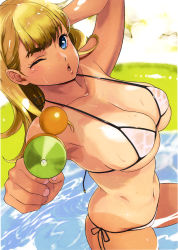 Rule 34 | 1girl, ;o, absurdres, arai kei, arm up, bikini, blonde hair, blue eyes, breasts, clueless, collarbone, day, dutch angle, freckles, highres, large breasts, looking at viewer, navel, one-piece tan, one eye closed, open mouth, outdoors, scan, see-through, skindentation, solo, string bikini, swimsuit, tan, tanline, toranoana, wading, water, water gun, wet