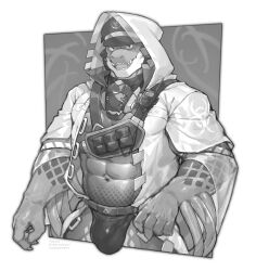 Rule 34 | 1boy, abs, bara, belt, belt pouch, biohazard symbol, bodysuit, border, bulge, coat, commentary, copyright name, fangs, furry, furry male, goshiki, grey background, greyscale, halftone, hastur (housamo), hat, highres, hood, hood up, hooded coat, looking at viewer, male focus, mask, monochrome, mouth mask, muscular, muscular male, navel, open mouth, outside border, peaked cap, pouch, reptile boy, scales, sharp teeth, solo, teeth, tentacles, tokyo houkago summoners, upper body, walkie-talkie, white border