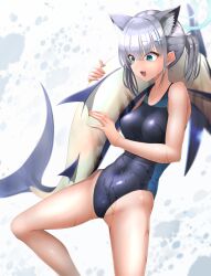 Rule 34 | 1girl, absurdres, animal ear fluff, animal ears, black one-piece swimsuit, blue archive, blue eyes, breasts, competition swimsuit, covered navel, cowboy shot, cross hair ornament, doro9363, extra ears, fish, grey hair, hair ornament, halo, highres, low ponytail, marlin (fish), medium breasts, medium hair, mismatched pupils, multicolored clothes, multicolored swimsuit, official alternate costume, one-piece swimsuit, shiroko (blue archive), shiroko (swimsuit) (blue archive), smile, solo, swimsuit, swordfish, wolf ears