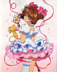 Rule 34 | 1girl, absurdres, brown hair, cardcaptor sakura, dress, green eyes, highres, holding, holding wand, kero (cardcaptor sakura), kinomoto sakura, light smile, magical girl, scan, short hair, simple background, star (symbol), tail, wand, white dress, wings