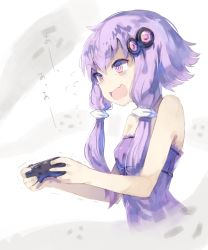 Rule 34 | 1girl, @ @, bad id, bad pixiv id, bare arms, bare shoulders, breasts, commentary request, controller, eyebrows, fang, flying sweatdrops, hair ornament, highres, holding, multicolored background, open mouth, playing, purple eyes, purple hair, scared, short hair with long locks, sidelocks, small breasts, solo, strapless, suminagashi, sweat, tears, trembling, two-tone background, upper body, vocaloid, voiceroid, yuzuki yukari