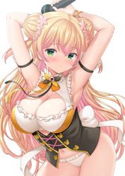 Rule 34 | 1girl, akino hamo, arm strap, armpits, arms up, black neckwear, blonde hair, blush, bow, breasts, cleavage, cleavage cutout, closed mouth, clothing cutout, commentary request, contrapposto, corset, cowboy shot, double bun, flower, frilled panties, frills, gradient hair, green eyes, hair between eyes, hair bun, hair flower, hair ornament, highres, holding, holding microphone, hololive, large breasts, leaning forward, long hair, looking at viewer, microphone, momosuzu nene, multicolored hair, multicolored neckwear, navel, no pants, orange neckwear, panties, pink hair, ribbon, sidelocks, simple background, sleeveless, smile, solo, standing, two side up, underwear, virtual youtuber, white background, white bow, white panties, wrist ribbon, yellow neckwear