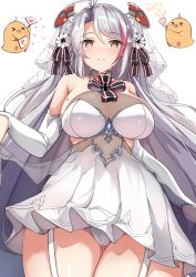 Rule 34 | &gt; &lt;, 1girl, absurdres, antenna hair, azur lane, bad id, bad twitter id, blush, breasts, bridal veil, brown eyes, closed eyes, closed mouth, commentary request, dress, folding fan, from below, garter straps, grey hair, hair between eyes, hand fan, headgear, highres, large breasts, long hair, looking at viewer, looking down, manjuu (azur lane), mole, mole on breast, moyoron, multicolored hair, official alternate costume, panties, party popper, prinz eugen (azur lane), prinz eugen (symphonic fate) (azur lane), red hair, see-through, sketch, smile, streaked hair, thighhighs, underwear, veil, very long hair, wedding dress, white dress, white panties, white thighhighs