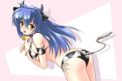 Rule 34 | 1girl, anal tail, animal ears, animal print, armband, ass, bare shoulders, bell, bikini, black hairband, blue hair, bracelet, breasts, butt crack, butt plug, choker, cow ears, cow horns, cow print, cow tail, cowbell, drop shadow, fake tail, hair between eyes, hairband, hands up, horns, jewelry, large breasts, long hair, looking at viewer, neck bell, open mouth, original, print bikini, red choker, sex toy, shinjou satomi, side-tie bikini bottom, solo, swimsuit, tail, yellow eyes