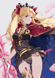 Rule 34 | 1girl, absurdres, black dress, blonde hair, bow, breasts, cape, commentary request, dress, earrings, ereshkigal (fate), fate/grand order, fate (series), fingernails, gold trim, hair bow, hair ornament, highres, holding, hood, hood down, jewelry, long hair, looking at viewer, medium breasts, meslamtaea (weapon), nail polish, parted lips, red eyes, shijiuqaq, short dress, simple background, skull, solo, spine, thighs, tiara, twintails