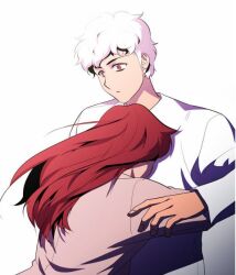 Rule 34 | 1boy, 1girl, dr. frost, frost (dr. frost), hug, long hair, pink shirt, red eyes, red hair, shirt, short hair, simple background, very short hair, webtoon, white background, white hair, white shirt, yoon seong-ah