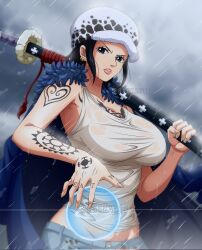 Rule 34 | 1girl, arm tattoo, black hair, breast tattoo, breasts, cape, commentary, denim, devil fruit power, earrings, english commentary, fur cape, fur hat, genderswap, genderswap (mtf), hand tattoo, hat, highres, holding, holding sheath, jeans, jewelry, large breasts, looking at viewer, one piece, pants, parted lips, pink lips, rain, rakara11 (rakkarts), sheath, short hair, shoulder tattoo, solo, sword, tank top, tattoo, teeth, trafalgar law, v-shaped eyebrows, weapon, wet, wet clothes, white tank top