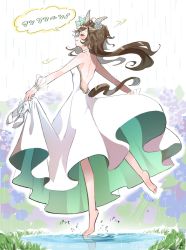 Rule 34 | 1girl, animal ears, backless dress, backless outfit, bare legs, barefoot, blush, breasts, brown hair, closed eyes, closed mouth, dress, floating hair, full body, grass, hair ornament, hairclip, high heels, highres, holding, holding shoes, horse ears, horse girl, horse tail, kumo (mokumoku warabi), long hair, mr. c.b. (umamusume), rain, ripples, shoes, unworn shoes, skirt hold, small breasts, smile, solo, speech bubble, standing, standing on one leg, tail, translation request, umamusume, water, white dress, white footwear, wrist cuffs